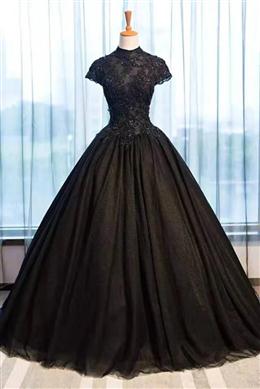 Picture of Pretty Black Color Cap Sleeves Long Tulle Party Dresses, Black Color Formal Dresses